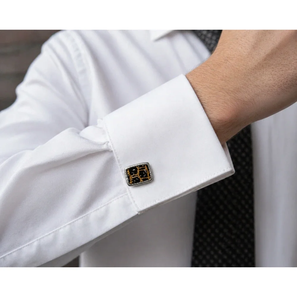 Vintage HICKOK USA Black Gold Enamel Silver Tone Abstract Cufflinks Mid Century